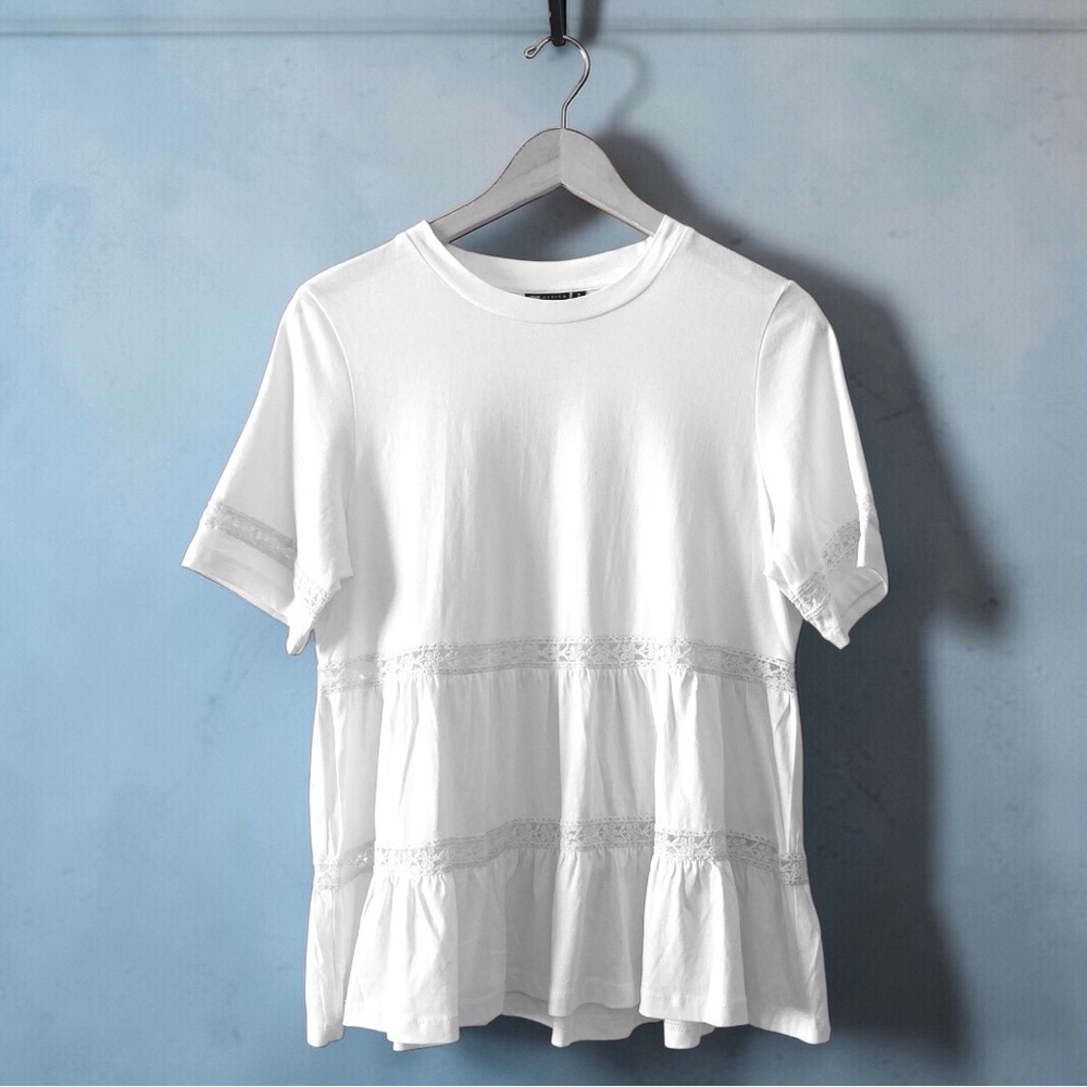 ASOS White Lace Trim Tiered Peplum Oversized Top Size 6 #cottagecore